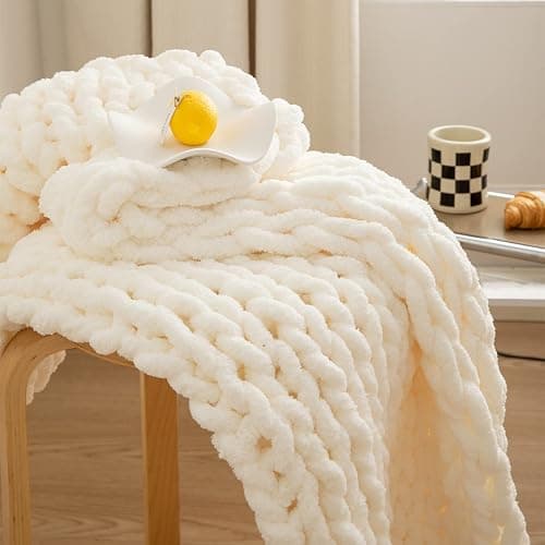 WESHIONGOO Chunky Knit Blanket Throw 40"×40" Knitted Throw Blankets for Couch Bed Fluffy Soft Blanket with Jumbo Chenille Yarn Thick 100% Handmade (Cream White) thumbnail 9