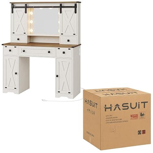 Hasuit Farmhouse Vanity Desk with Mirror and Lights, White Makeup Dressing Table with Charging Station, Rustic Vanity Mirror with Sliding Barn Door, Vanity Table with 3 Lighting Modes Adjustable thumbnail 4