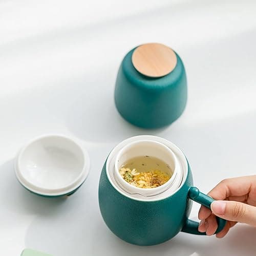 DUANMUL Cat Mug Cute Ceramic Coffee Cup with Infuser and Lid,Filter for Steeping Loose Leaf,kawaii coaster,Novelty Morning Cup Tea Milk Christmas Mug Chinese Handmade Porcelain Teacup(Green） thumbnail 6