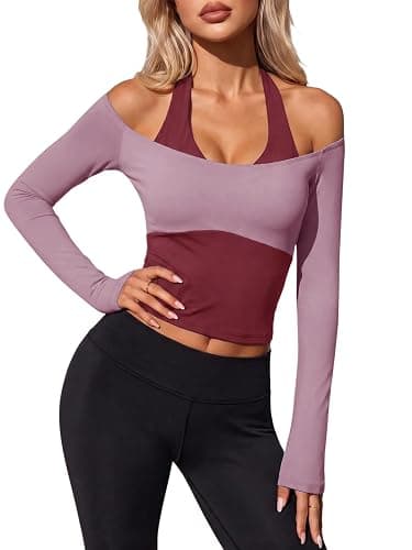 Aoysky Womens Off Shoulder Halter Crop Tops Long Sleeve Shirts Built in Bra | Wide U neckline, contrast color block halter neck, cropped tops, removable pads, workout yoga shirts, faux layered - Image 1