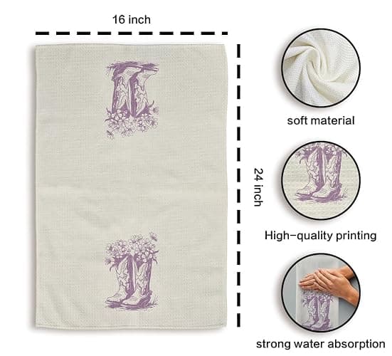 Tzhim Western Kitchen Towels, Preppy Cowboy Hand Towels, Black Cowgirls Boots Floral Rodeo Dishcloths Tea Towel for Kitchen, Vintage Retro Howdy Baby KitchenBathroom Decor Set of 2, 16x24in(Purple) thumbnail 3