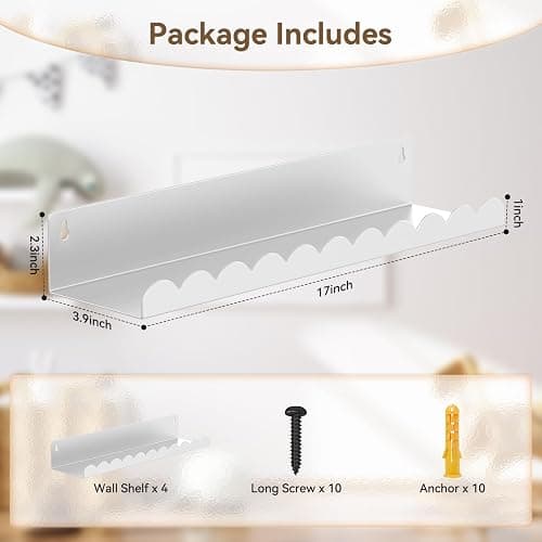 Gattlukd Nursery Book Shelves, 17 Inch Metal Floating Shelves for Wall 4 Pack, Scalloped Shelves, Wall Mounted Book Shelf for Kids Bedroom, Baby Room, Nursery Decor (White) thumbnail 2