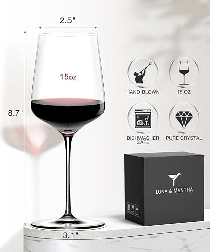 LUNA & MANTHA Wine Glasses Set of 4, 15 oz Hand Blown Crystal Red White Wine Glasses with Stem, Ideal Gift for Set, Toasting at Weddings or Birthdays thumbnail 3