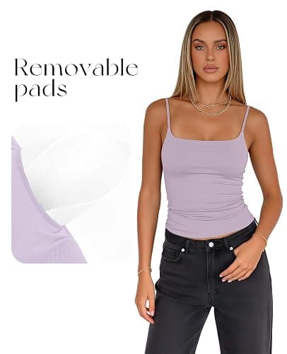 Women's Double Lined Tank Top with Bulit in Bra Adjustable Spaghetti Straps Sleeveless Basic Camisole Shirts thumbnail 5