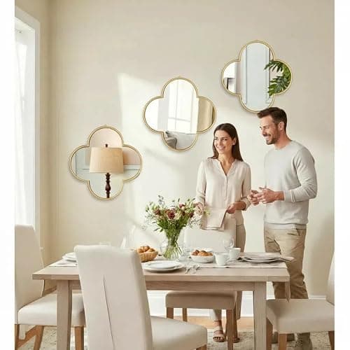 DECANIT Gold Wall Mirrors Set of 3 - Vintage Quatrefoil Decorative Hanging Mirrors for Living Room, Bedroom & Entryway - Antique Brass Scalloped Accent Mirror for Modern Farmhouse & Boho Wall Decor thumbnail 2