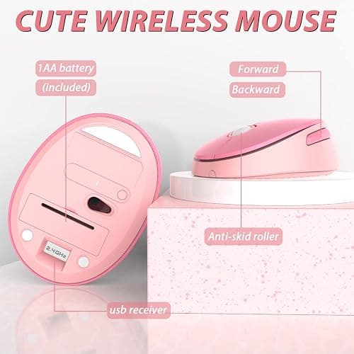 KOOTOP Cute Pink Wireless Keyboard and Mouse, 2.4G Retro Round Keycap for PC, Mac, Laptop, Tablet, Computer Windows thumbnail 2