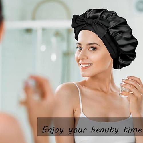 Silk Bonnet Satin Bonnet for Sleeping Large Bonnets with Tie Band Hair Wrap with Adjustable Straps Hair Cap for Women Curly Black thumbnail 4