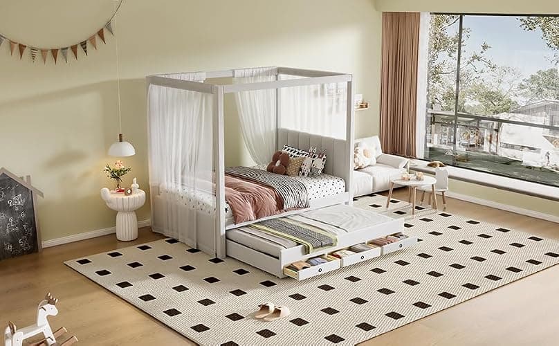 Harper & Bright Designs Twin Size Upholstery Canopy Platform Bed Frame for Boys Girls Kids Adults Toddler with Trundle and Three Storage Drawers, Beige thumbnail 5