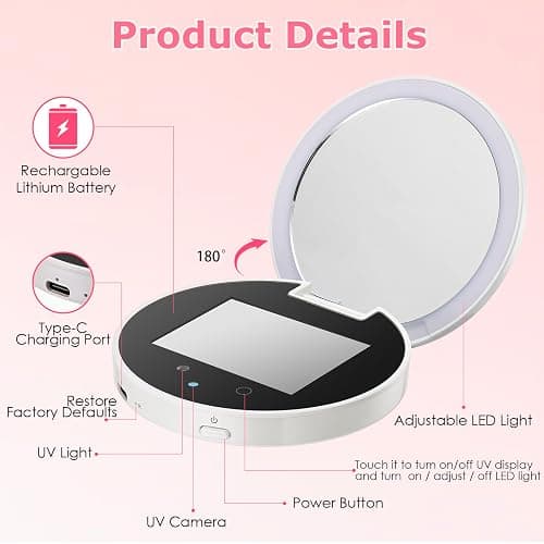 UV Camera for Sunscreen Test UV Mirror Sunscreen Camera, 3.8 Inch Rechargeable 2X Magnifying Vanity Mirror with Light Handheld Double-Sided Pocket Mirror for Skin Protection(White) thumbnail 2