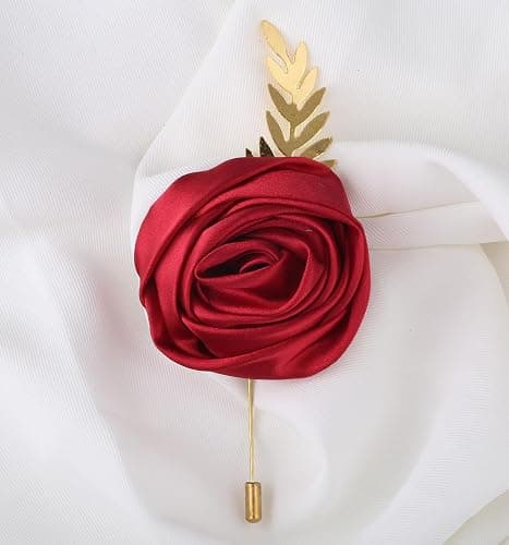 Faux Silk Rose Men Suit Boutonniere, Artificial Flower & Golden Leave Brooch Lapel Pin for Groom Groomsman Wedding Prom Dance Homecoming Party thumbnail 6