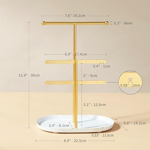 Elegant Jewelry holder Organizer 2-Tier Display Storage Stand for Earrings Necklaces with Ring Tray Spacious and Durable, Easy to Assemble White & Gold thumbnail 3
