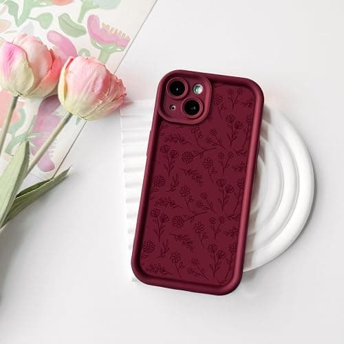 NITITOP Compatible with iPhone 14 Case Cute Flowers Floral Leaves Design for Women Girls Stylish Artistic Soft TPU Shockproof Protective Full Camera Protection Cover - Wine Red thumbnail 2