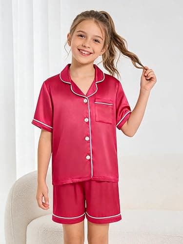 Vopawetty Satin Pajamas for Girls, 4-Piece Short Sleeve Button Down Silky PJ Set thumbnail 5