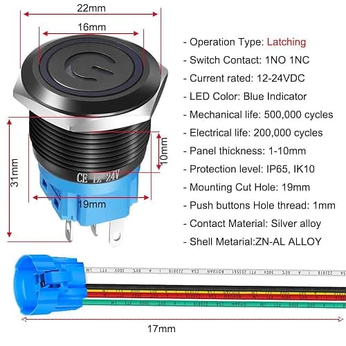 Gebildet 19mm 12V-24V/5A Stainless Steel Latching Push Button Switch Power Symbol LED 1NO1NC SPDT ON Off Waterproof Toggle Switch with Wire Socket Plug (Blue LED/Black Shell) thumbnail 4