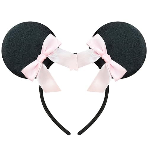 Trnerm Pink Ribbons Mouse Ears Headband for Women Cute Mouse Ears Coquette Fuzzy Black Mouse Headband - Image 1
