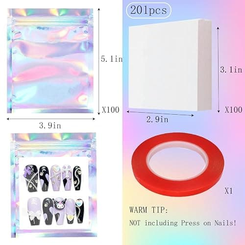 Qenk 100PCS Empty Holographic Nail Storage Bag Press on Nail Packaging Bag and 100PCS Shiny white cardboard Nail Tips Packaging Bags with 1 Roll Transparent Tape thumbnail 3