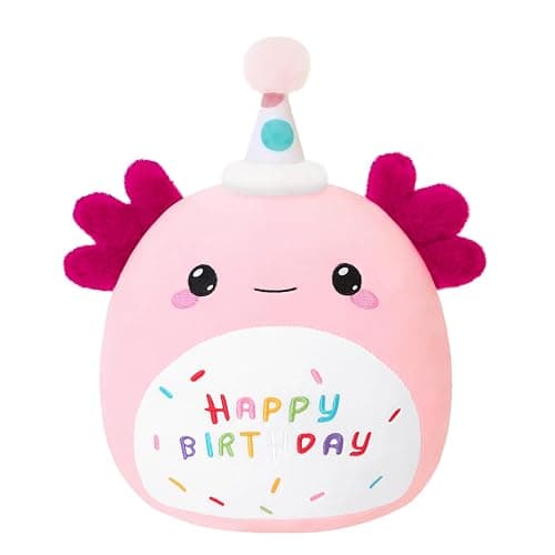 SQEQE Axolotl Stuffed Animal Toy Happy Birthday Axolotl Plush Pink Birthday Plushies Doll Home Decor for Girls Boys Kids 10 Inch - Image 1