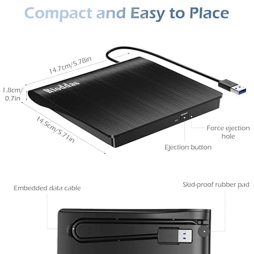 Rioddas External CD/DVD Drive for Laptop, USB 3.0 CD DVD Player Portable +/-RW Burner CD ROM Reader Writer Disk Duplicator Compatible with Laptop Desktop PC Windows Apple Mac Pro MacBook Linux thumbnail 6