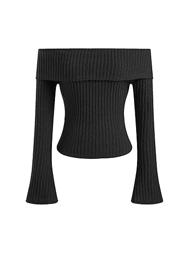 CIDER Off The Shoulder Tops for Womens Sexy Long Sleeve Going Out Tops Knit Cropped Top Trendy Slim Fit - X-Large - Black (Run Small)