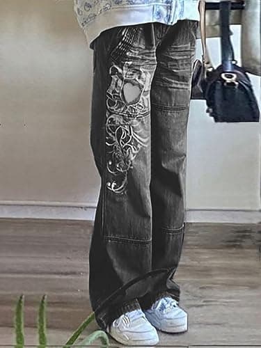 Xineicy Women's Low Rise Heart Pattern Baggy Jeans Washed Wide Leg Denim Cargo Pants thumbnail 2