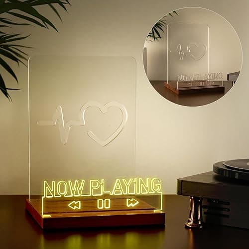 DREAMFORT Now Playing Vinyl Record Stand Light up Record Holder Wooden Acrylic for Vinyl Album Display and Storage Adjustable Brightness Vintage Music Decor(Heart) - Image 1