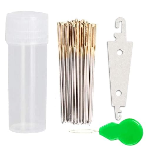 100pcs Cross Stitch Needles +1 Stainless Steel Needle Threader,Golden Color Large Eyes Cross Stitch DIY Embroidery Hand Needles Sewing Needles in Transparent Box Size 22# 24# 26# (24#) - 24# - Image 1