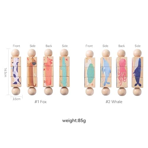 Promise Babe Wooden Animal Puzzle Toy for Toddlers 1-3, Rotating Spin Twist Blocks Set of 2, Learning Educational Montessori Toy Gifts for Kids Boys Girls, Whale and Fox thumbnail 3