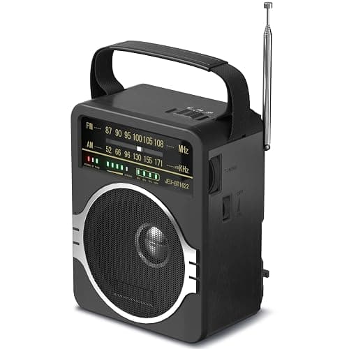 JEUJUG Portable AM FM Radio, Bluetooth 5.0 Radios 5 Watts Loud Speaker,FM Radio Built-in Rechargeable Battery/DC D*4 Cell Battery Operated & AC Power Plug in Wall Black - Image 1