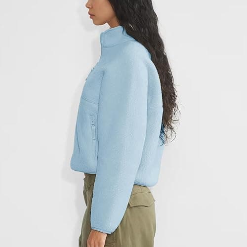 Keeliya Womens Fleece Sweatshirts Cropped Half Zip Fuzzy Warm Sherpa Pullover Varsity Jackets with Zipper Pockets thumbnail 3