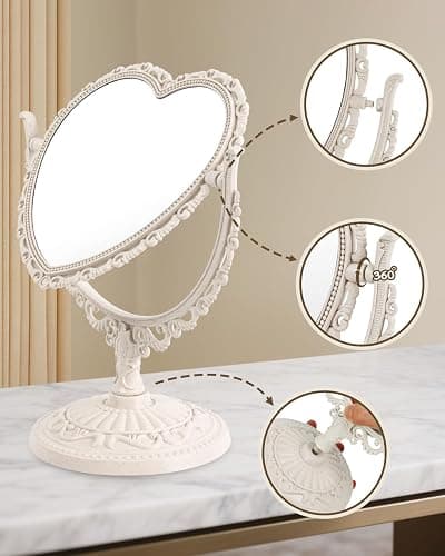JDPEYI Heart Shaped Cute Vanity Princess Mirror for Desk,Double-Sided Rotatable Table with Stand Downtown Girl Room Coquette Decor (Beige) thumbnail 6