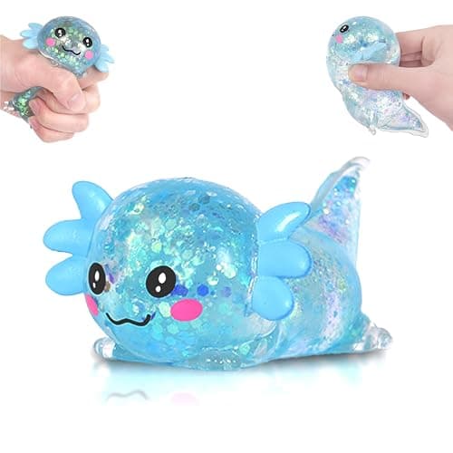 FazaVexior Lying Axolotl Squishy Toy - 1 Pcs Glitter Slow Rising Squeeze Toy, Maltose Filled TPR Stress Relief Fidget Toy, Cute Transparent Handheld Desk Pet Sensory Toy, Age 3+ (Blue) - Image 1