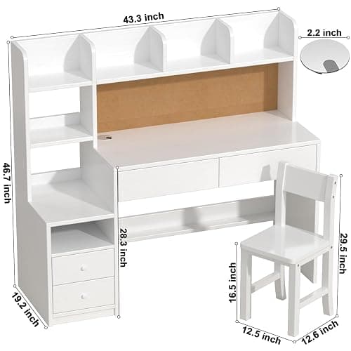 NKUGCFC 43 inch Kids Study Desk and Chair Set with Storage Hutch and LED Light, White Girls Desk with 4 Drawers for Child's Bedroom, Ideal for Homework for Ages 8-12 thumbnail 2