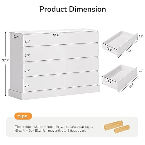 DICTAC 8 Drawers Dresser for Bedroom, White Large Chest of Drawers, Long Modern Double Dressers, Big Clothing Storage Organizer Closet with Ample Space, 51.6''L x 15.7''D x 37.7''H thumbnail 2
