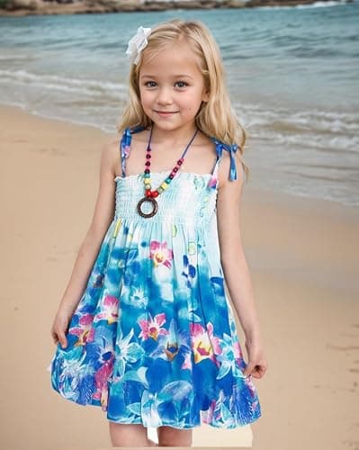 Flenwgo Girls Bohemian Dresses Floral Sleeveless Rainbow Beach Sundress with Necklace 2-12T - 3-4T - Blue thumbnail 2