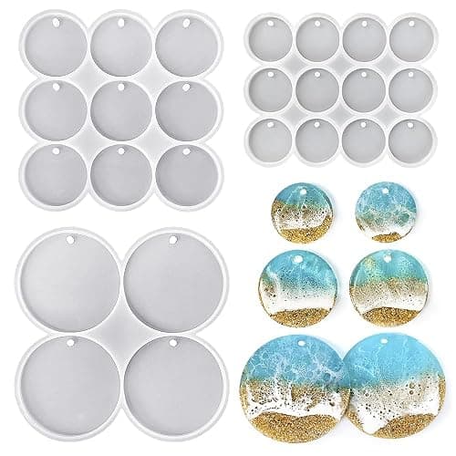 RESINWORLD 25-Cavity Set of Large + Medium + Small Shiny Flat Circle Silicone Mold, Drilled Round Earrings Pendant Mold, Keychain, Pet Tag Resin Mold - Image 1