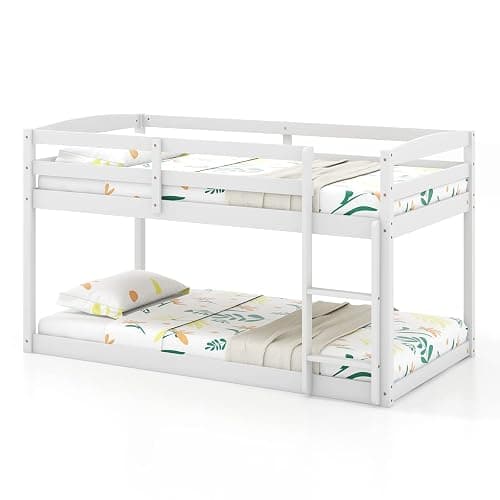 KOMFOTT Low Bunk Bed Twin Over Twin, Solid Wood Bunk Bed Frame with Built-in Ladder & Safety Guardrails, Space-Saving Low Bunk Bed for Kids, Teens, No Box Spring Needed thumbnail 8