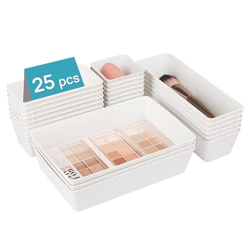 Vtopmart 25 Pack Plastic Drawer Organizers with Non-slip Rubber Pads | 4-Size Versatile Makeup Organizer, Storage Containers Small Bins for Makeup, Jewelries, Bedroom, Kitchen Utensils and Office - Image 1