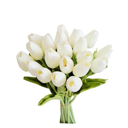 Mandy's Artificial Tulips 20 Stems White PU Faux Flowers for Valentine's Day and Easter Decorations Wedding Home Decor 13.5 Inch - Image 1