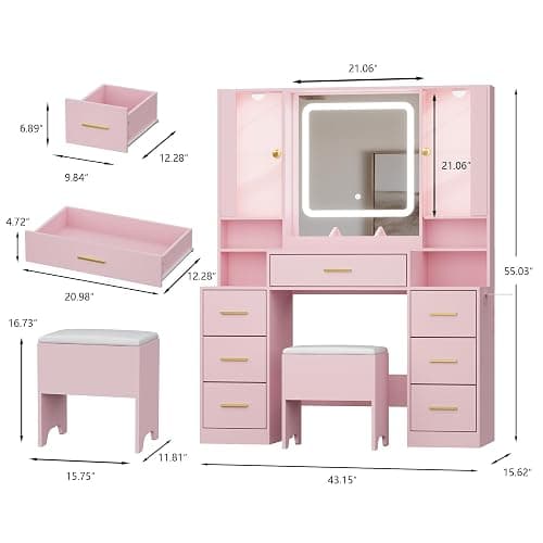 BORNOON Makeup Vanity with LED Light Strip Mirror and Chair, 7 Drawers & 2 RGB Cabinets Pink Vanity Makeup Desk with Power Strip, Adjustable LED Lighting, and Cushioned Stool for Women, Girls, Teens thumbnail 2
