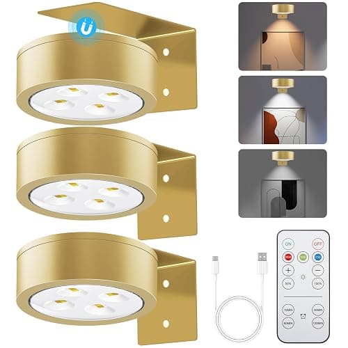 SIXDEFLY Picture Lights for Wall, 3 Lighting Modes Magnetic Art Display Light,Rechargeable Battery Operated Led Painting Light with Remote Control Dimmable & Timer,3Pack Gold - Image 1