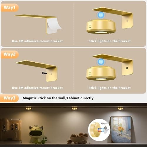 3PCS Picture Lights, Rechargeable Battery Wall Light for Paintings, 3 Colors Paintings Light Dimmable and Timer Metal Art Light for Display, Wall, Artwork, Gallery (Gold) thumbnail 7
