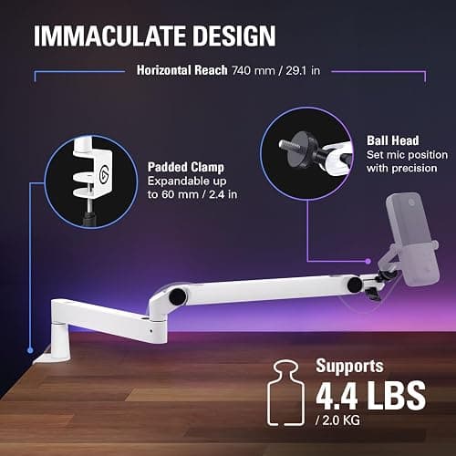 Elgato Wave Mic Arm LP White - Premium Low Profile Microphone Arm with Cable Management, Desk Clamp, Versatile Mounting and Fully Adjustable, perfect for Podcast, Streaming, Gaming, Home Office thumbnail 5