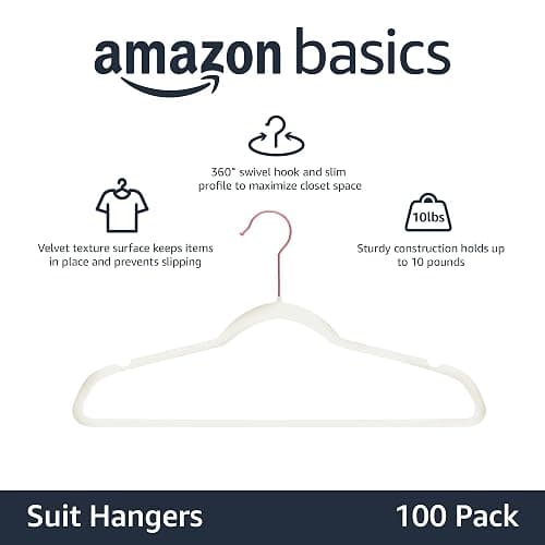 Amazon Basics Slim, Velvet, Non-Slip Suit Clothes Hangers, Ivory/Rose Gold - Pack of 100 thumbnail 4
