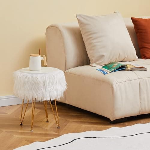 Mxfurhawa Faux Fur Storage Ottoman Round Furry Vanity Stool Marble Grain Tray Coffee Table Compact Footrest with 4 Metal Legs Soft Makeup Seat Foot Stool for Living Room Bedroom Entryway White thumbnail 2