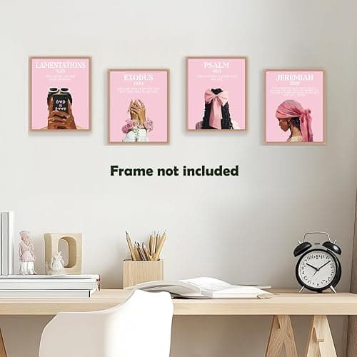 Pleonox Pink Christian Black Women Wall Art Prints 8x10 Inch Set of 4, Trendy Preppy African American Woman Bible Verse Pictures Wall Decor for Black Girl Room Bedroom Home Living Room, Unframed thumbnail 4