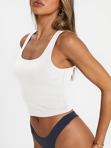 Trendy Queen Women's Summer Square Neck Tank Tops Workout Cropped Ribbed Summer Camisole Sleeveless Clothes 2025 thumbnail 4