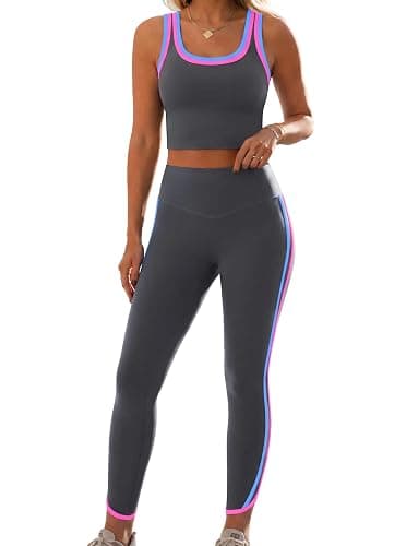 popvil Womens Workout Sets Tank Top High Waist Legging Yoga Pilates Outfits | Square Neck, Side Contrast Stripe, Soft Stretch Fabric, V-Shaped Glute Seam,Flattering Fit , Yoga, Gym, Casual Wear - Image 1