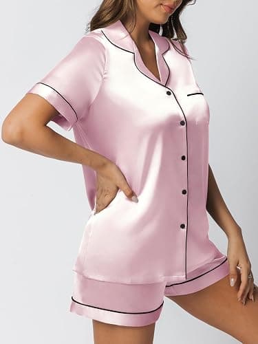 LILLUSORY Silk Satin Pajama Set for Women 2 Piece Lounge Pjs Shorts Matching Summer Sleepwear Button Down Shirt Shorts thumbnail 3