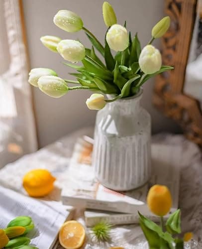 15 Pcs White Tulips Artificial Flowers Faux Tulips Real Touch Latex | Fake Flower Bouquet for Wedding Dining Table Living Room Home Décor Centerpiece Arrangements thumbnail 5