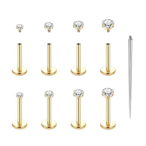 Xpircn 14K Gold Plated Flat Back Stud Earrings 316L Surgical Steel Internally Threaded CZ Stud Piercing Jewelry for Tragus Helix Cartilage Conch Nose Hypoallergenic Lip Labret Medusa Piercing 16G 18G - Image 1